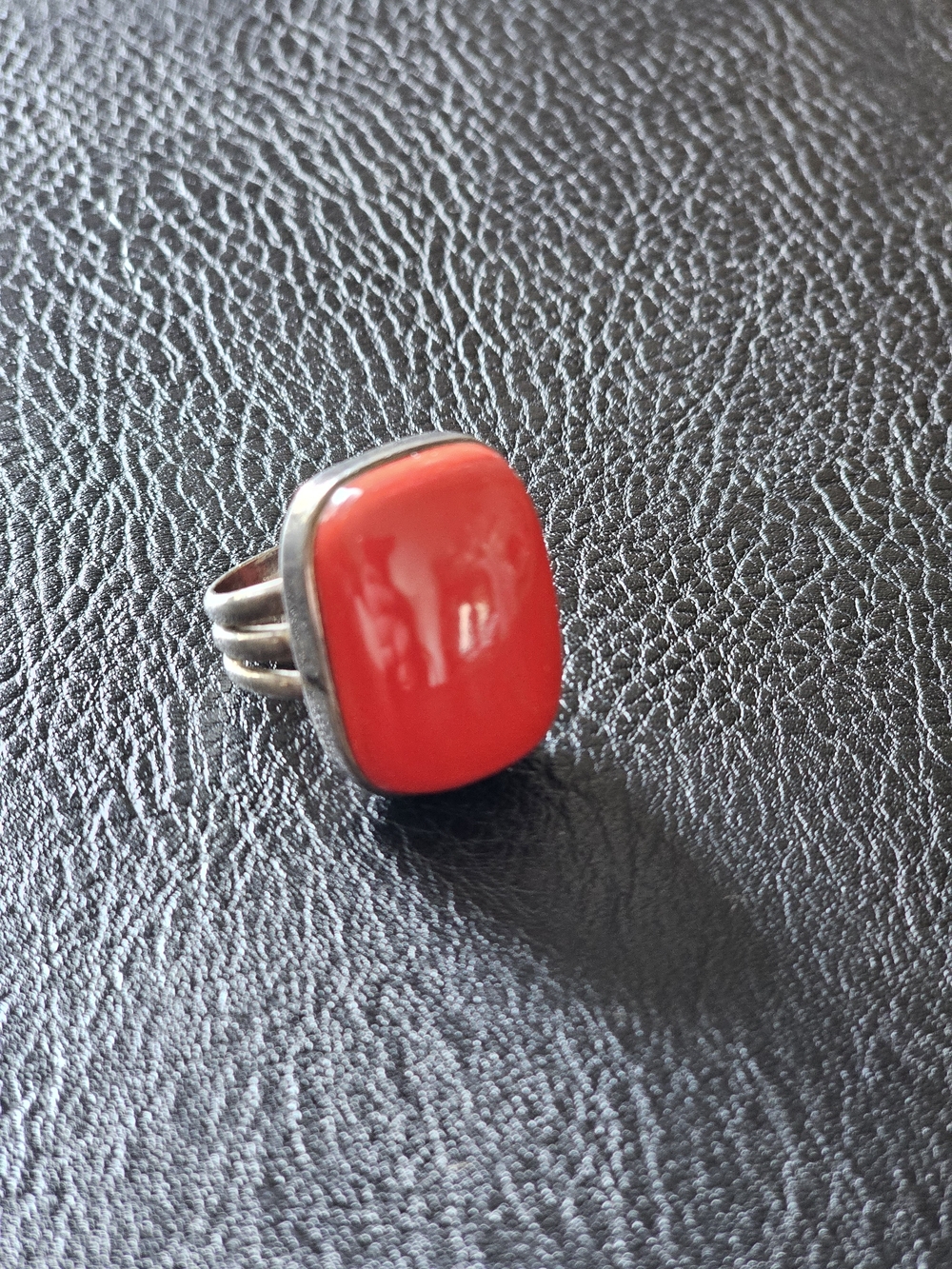 Red Coral Cabochon Ring in Polished 925 silver